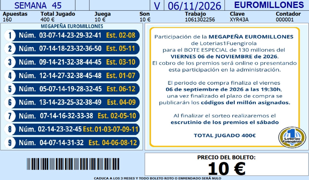 MEGAPE�A EUROMILLONES - BOTE ESPECIAL 130 MILLONES (VIERNES 06 DE NOVIEMBRE 2026)